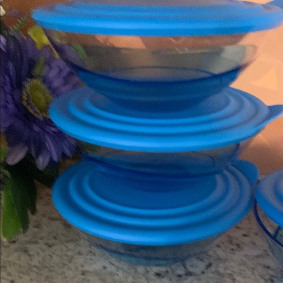 Set of  4 Tupperware new Glass Bowls with Blue Lids - Picture 4 of 4